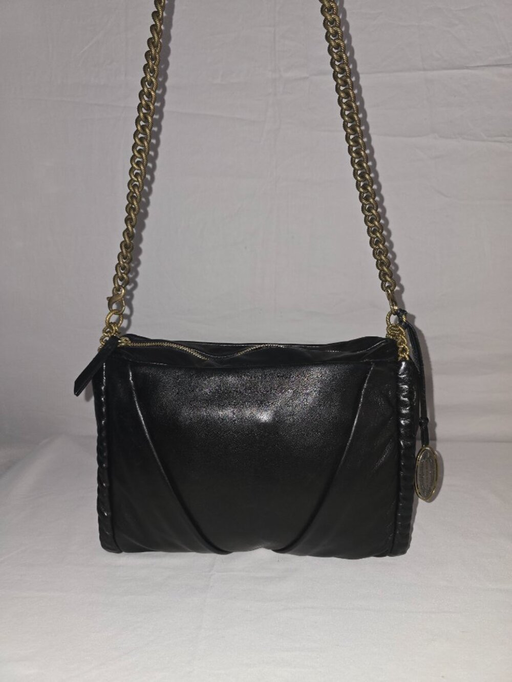 Elie Tahari Soft Black Calfskin Leather Intricate Chain Strap Shoulder Bag